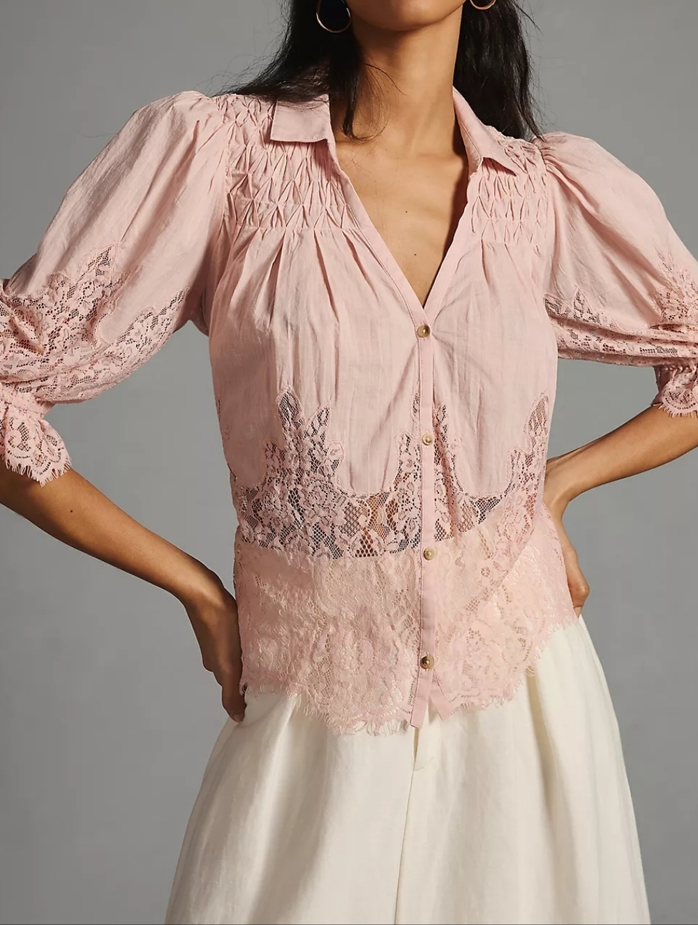 Delicate Pink Lace-Trim Blouse